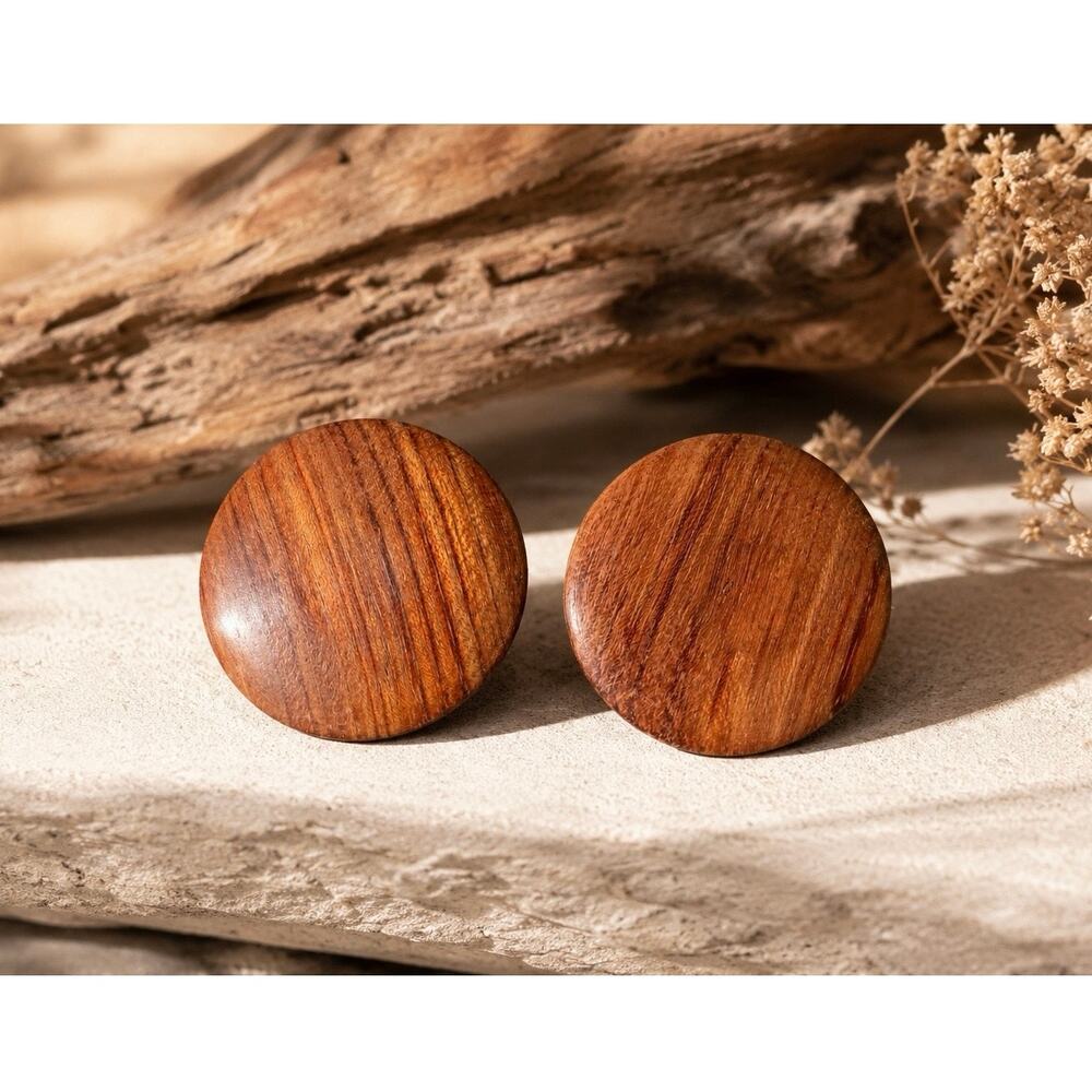 VINTAGE Wooden Circular Screw-back Earrings